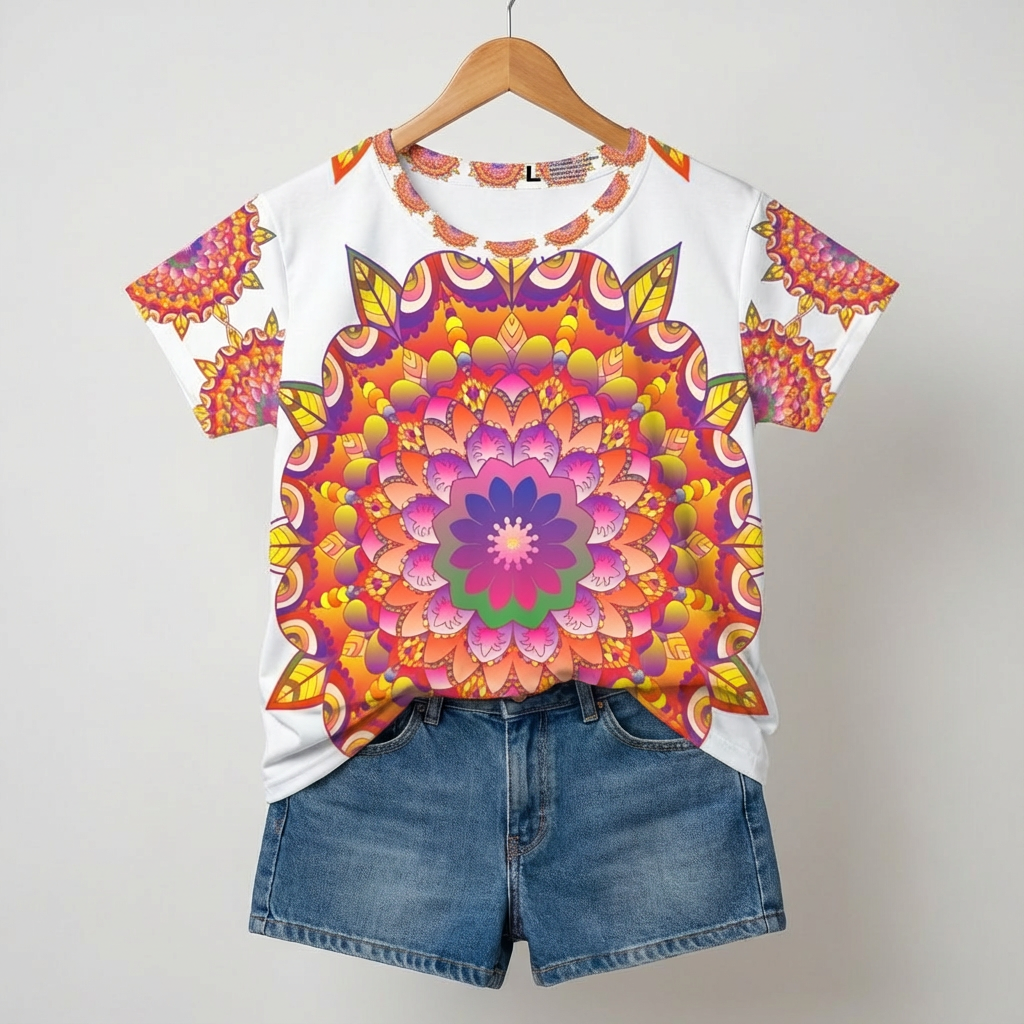 Lifestyle flatlay: front view of a colorful mandala art t-shirt hanging on a wooden hanger with denim shorts beneath, bright and cozy vibe