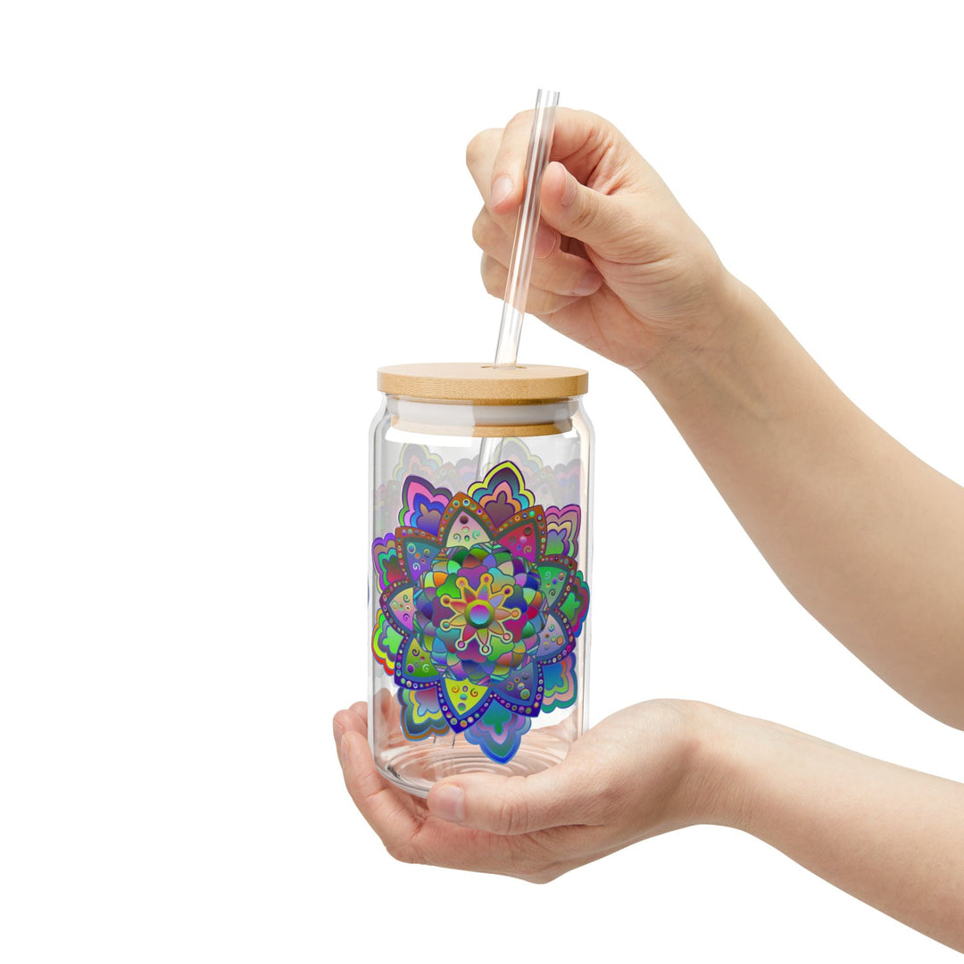 Unique Gift: Colorful Mandala Art Hand - Drawn - Sipper Glass (16oz) - Blululi