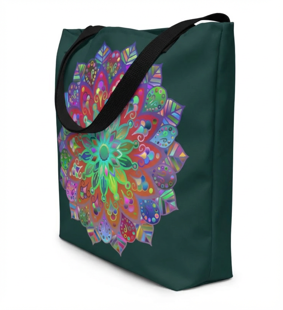 Intricate Mandala Tote Bag in Rich Dark Green with Psychedelic Design