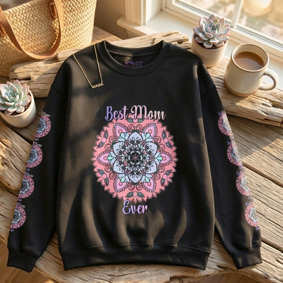 Black sweatshirt with pink and blue mandala design and 'Best Mom Ever' text on a wooden surface.