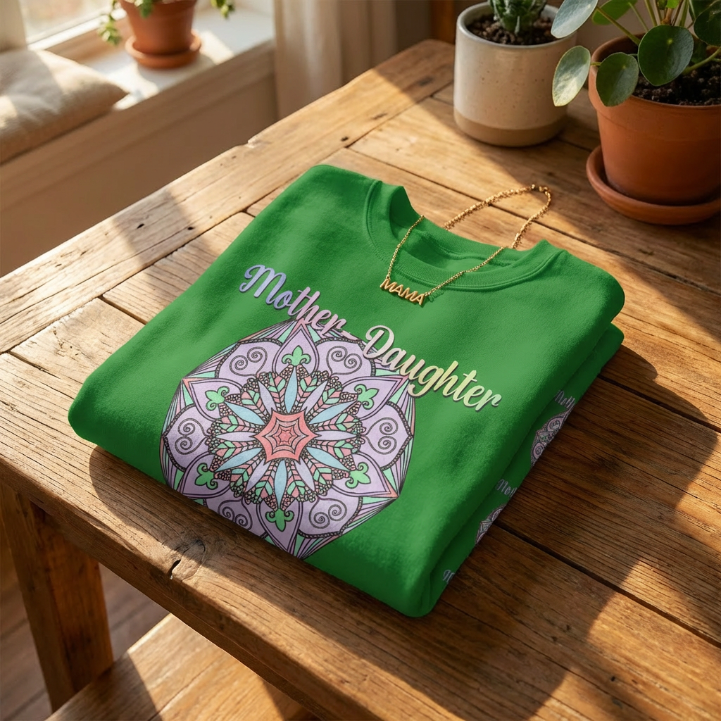 Green sweatshirt with 'Mother Daughter' design on a wooden table with plants in the background