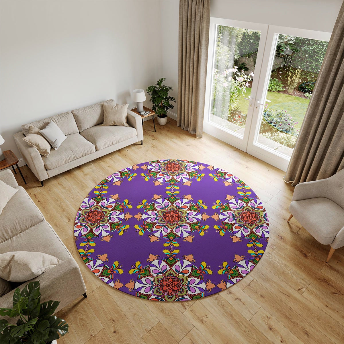 Runder Teppich im Mandala-Stil mit üppigem Trauben-Hintergrunddesign