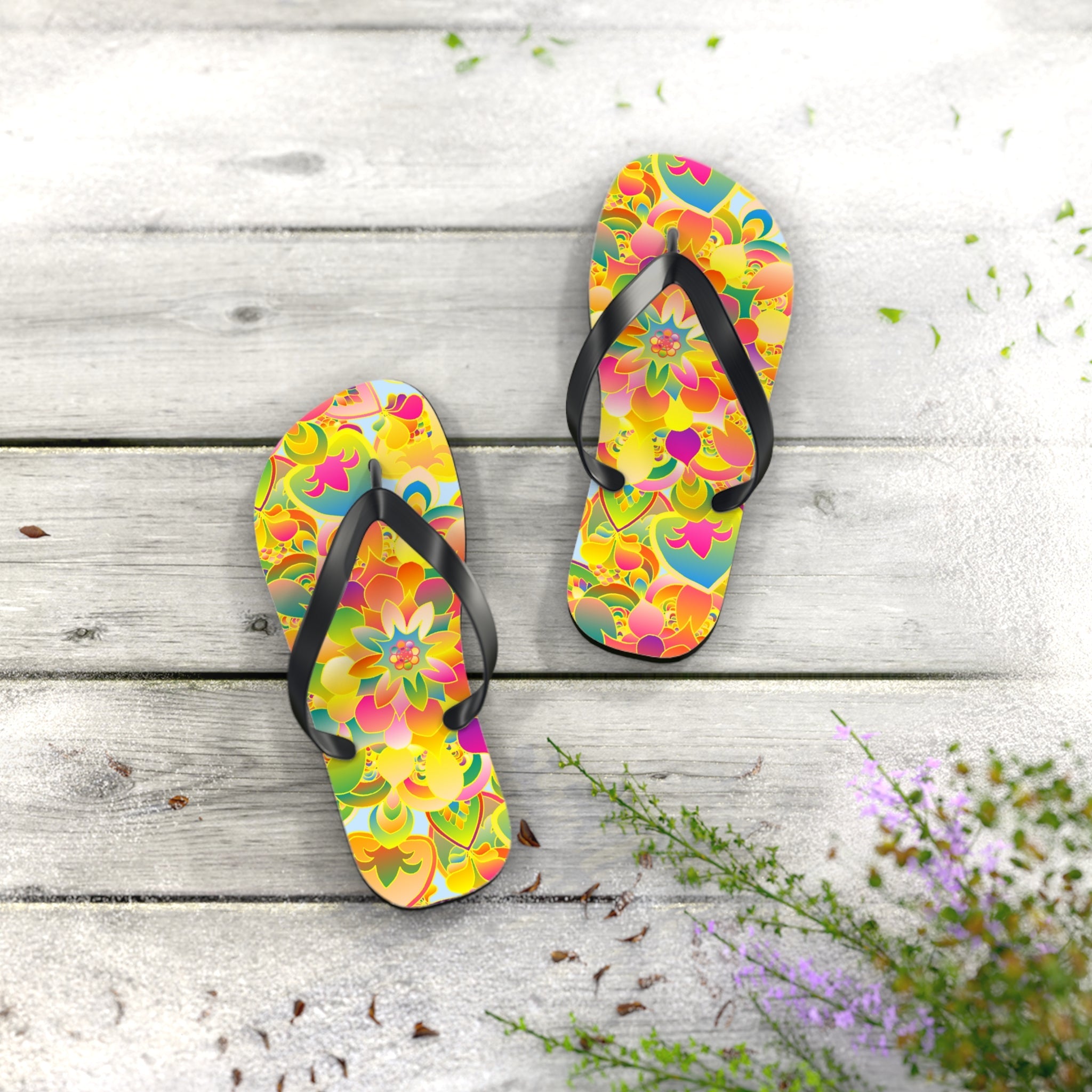 Vibrant Mandala Flip Flops - Colorful Flower Design Shoes - Blululi