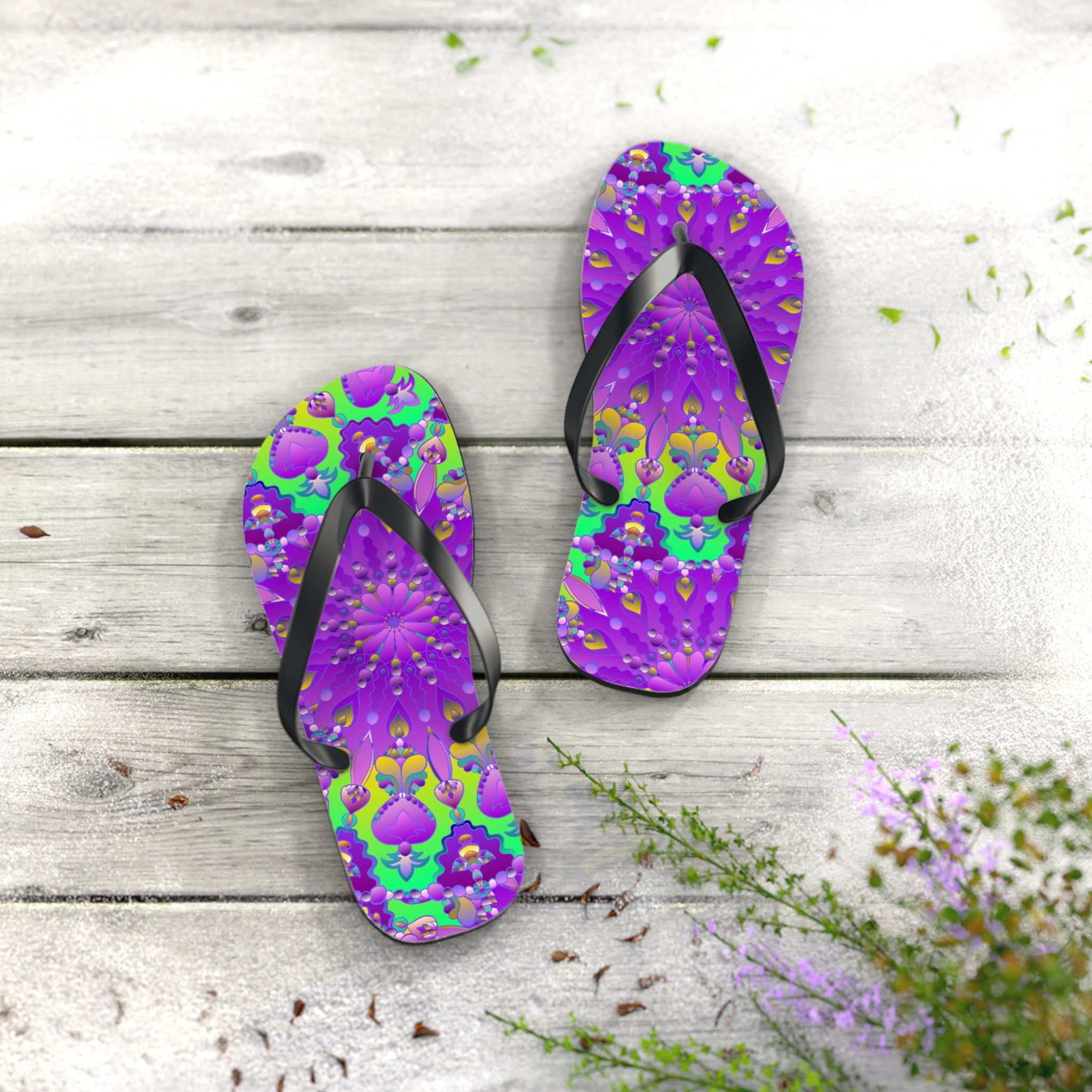 Vibrant Mandala Flip Flops - Purple, Green, Yellow, Blue Shoes - Blululi