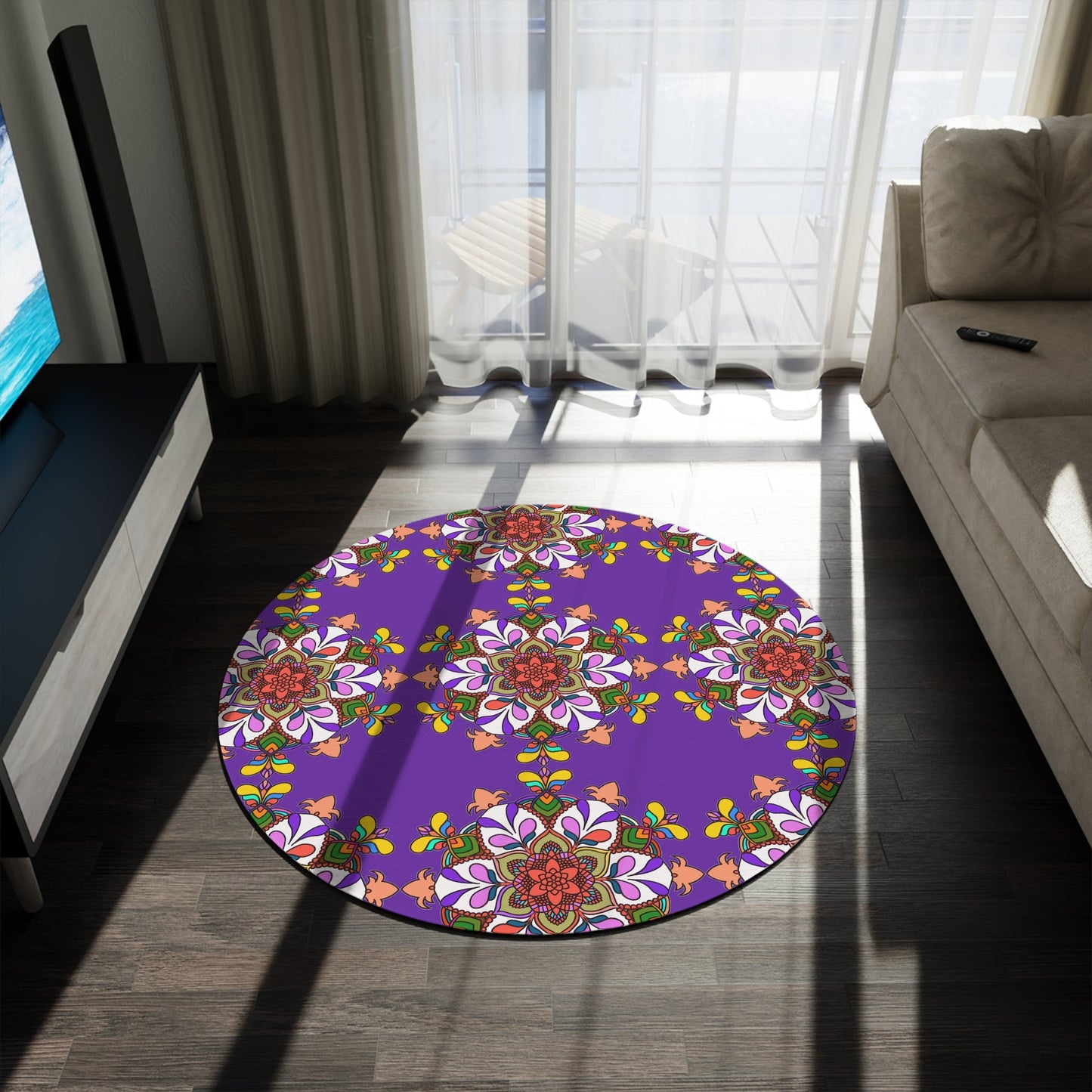 Vibrant Mandala Round Rug with Grape Background - 60" Chenille Decor - Blululi