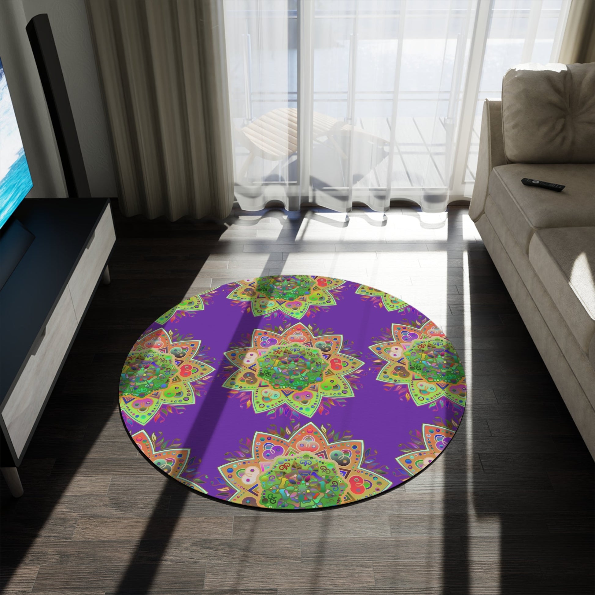 Vibrant Mandala Round Rug with Grape Background - 60" Chenille Decor - Blululi