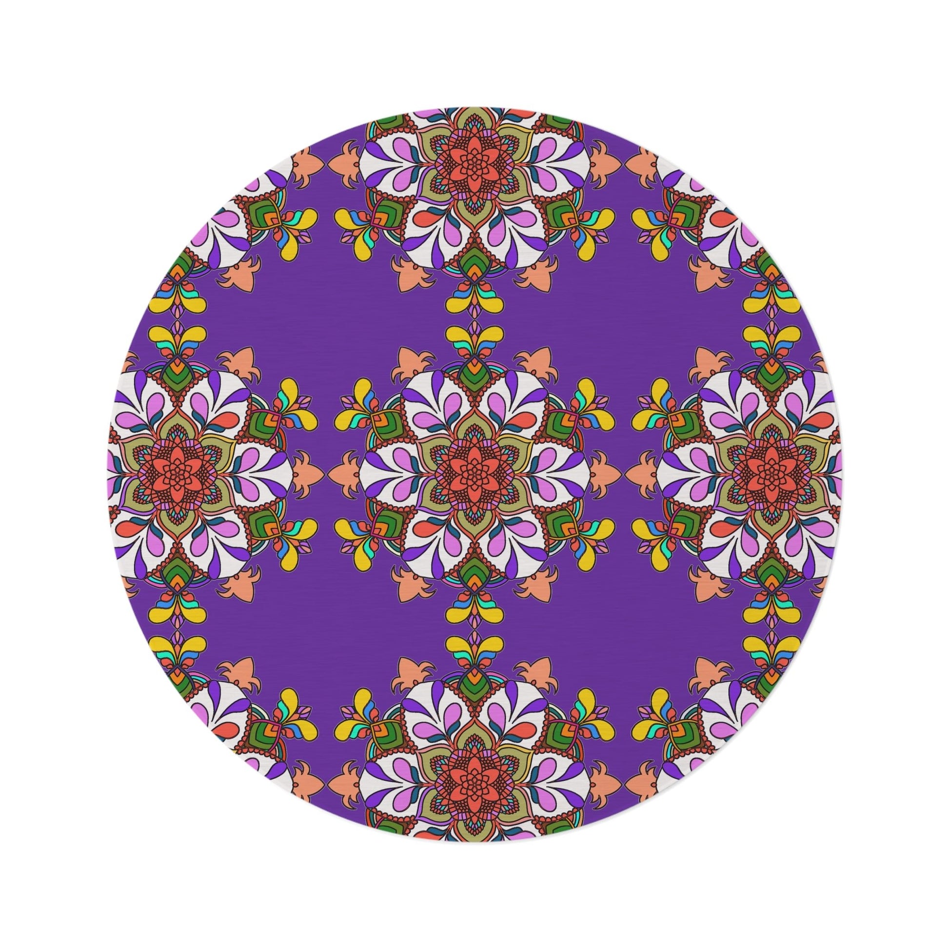 Vibrant Mandala Round Rug with Grape Background - 60" Chenille Decor - Blululi