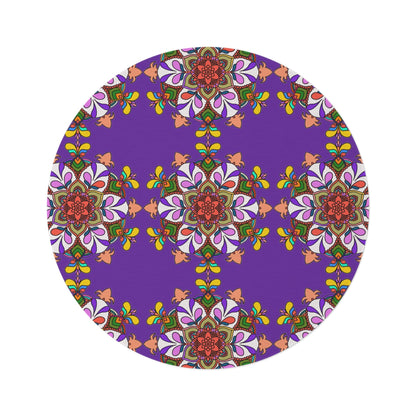 Vibrant Mandala Round Rug with Grape Background - 60" Chenille Decor - Blululi