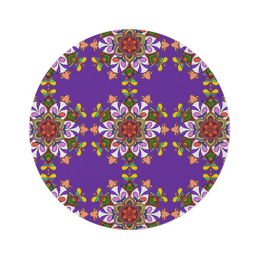 Vibrant Mandala Round Rug with Grape Background - 60" Chenille Decor - Blululi