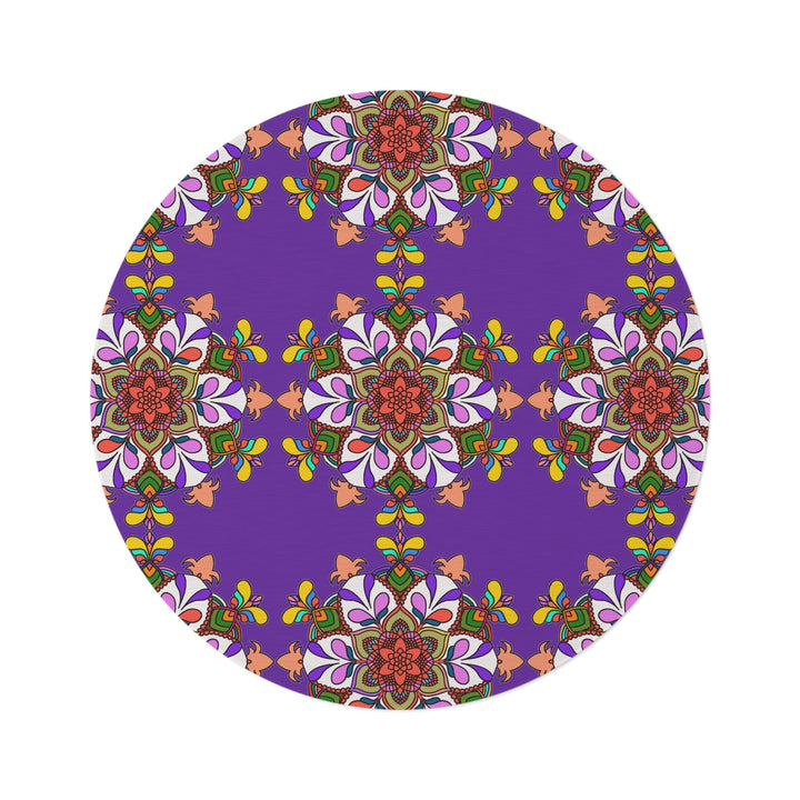 Vibrant Mandala Round Rug with Grape Background - 60" Chenille Decor - Blululi