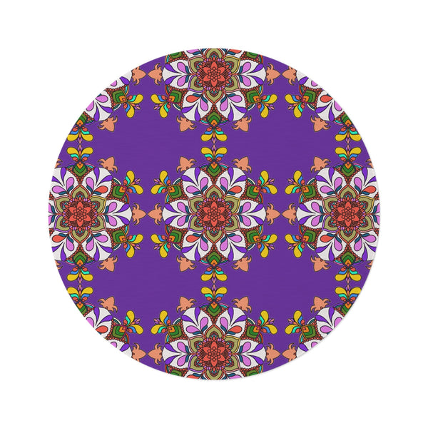 Vibrant Mandala Round Rug with Grape Background - 60" Chenille Decor - Blululi