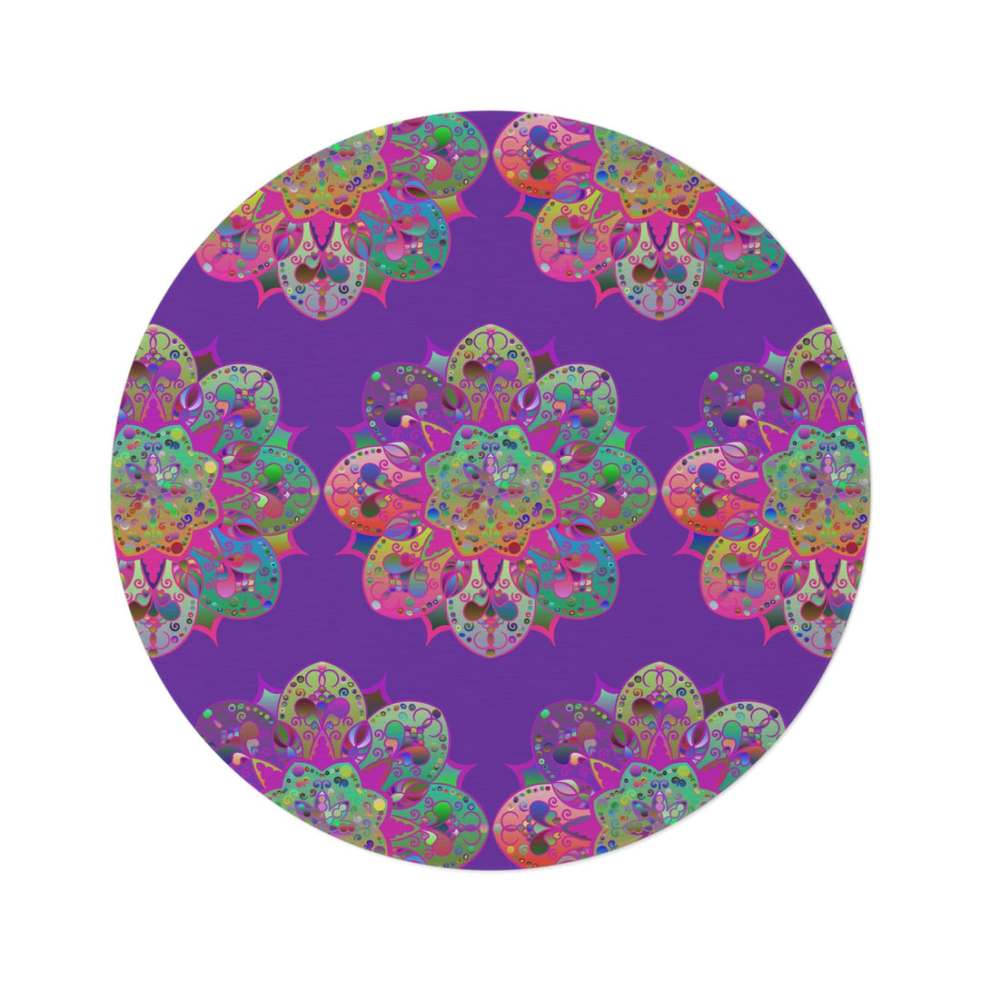 Vibrant Mandala Round Rug with Grape Background - 60" Chenille Decor - Blululi