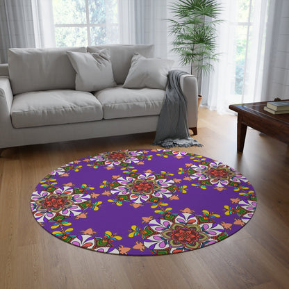 Vibrant Mandala Round Rug with Grape Background - 60" Chenille Decor - Blululi