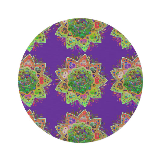 Vibrant Mandala Round Rug with Grape Background - 60" Chenille Decor - Blululi