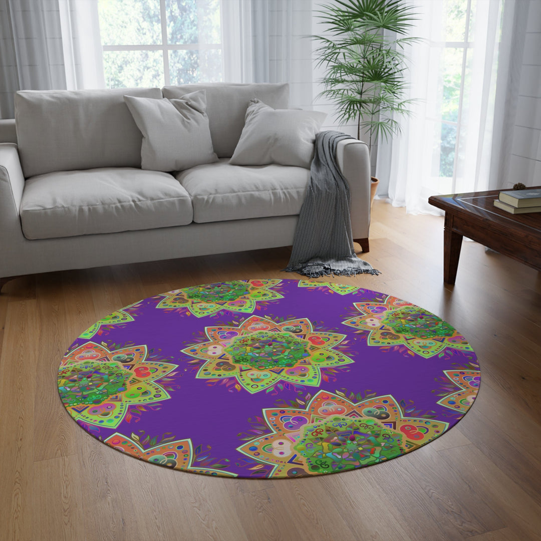 Vibrant Mandala Round Rug with Grape Background - 60" Chenille Decor - Blululi