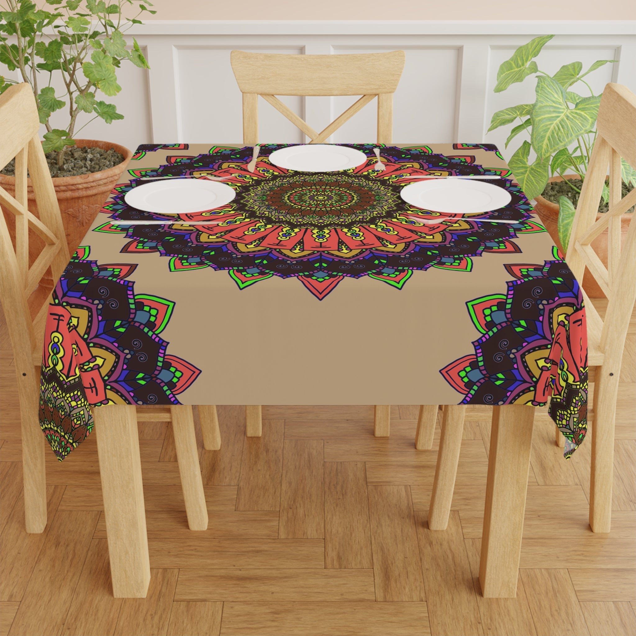 Vibrant Mandala Tablecloth - Black Background Home Decor - Blululi