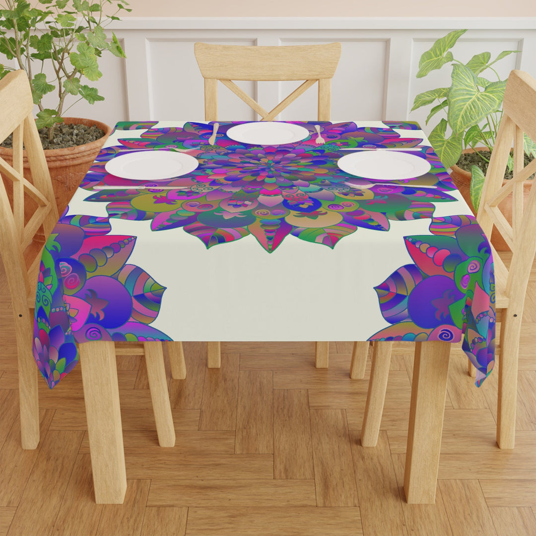 Vibrant Mandala Tablecloth - Ivory, Boho Decor Home Decor - Blululi