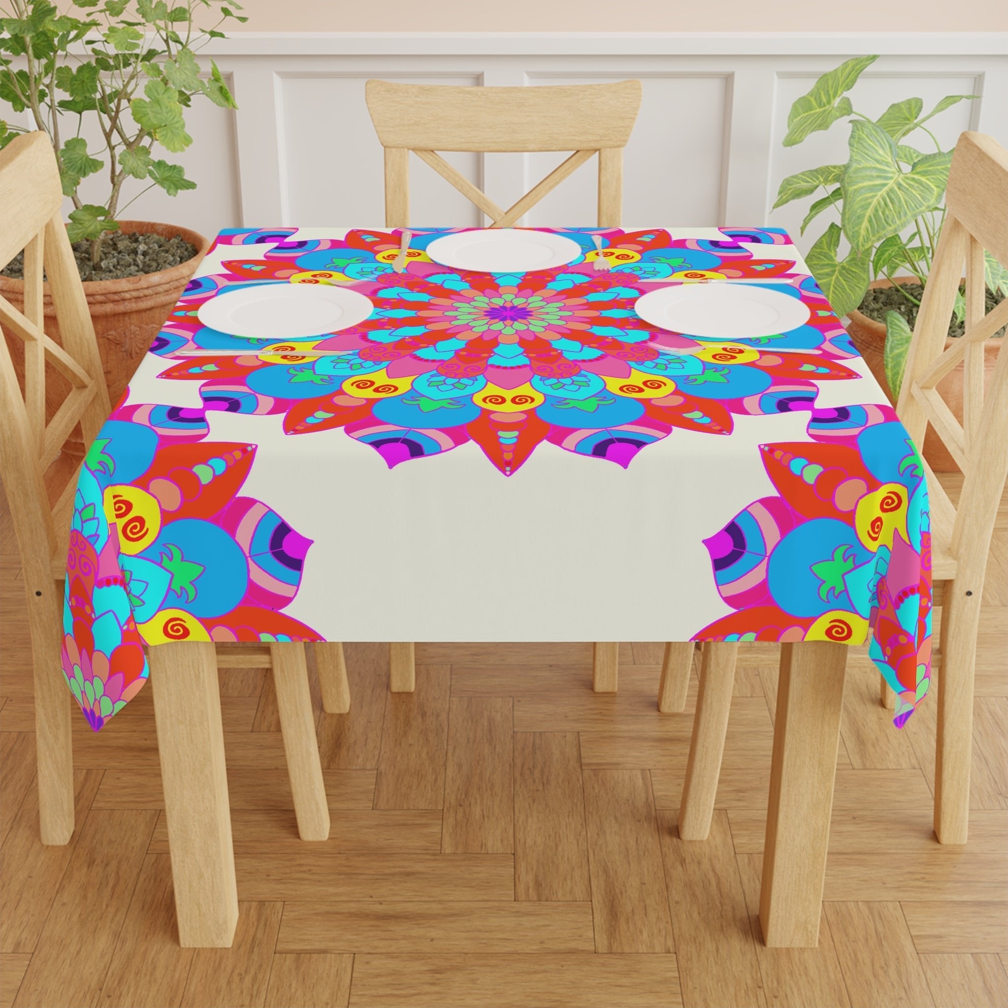 Vibrant Mandala Tablecloth - Ivory, Circular Design Home Decor - Blululi