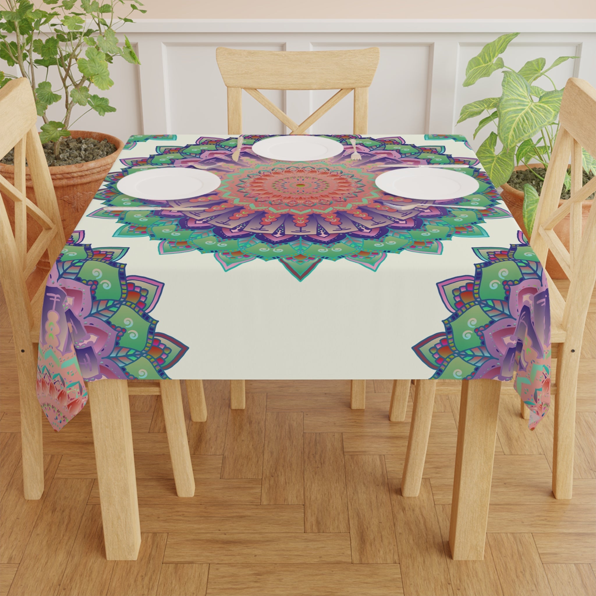 Vibrant Mandala Tablecloth - Ivory, Hand - Painted Style Home Decor - Blululi