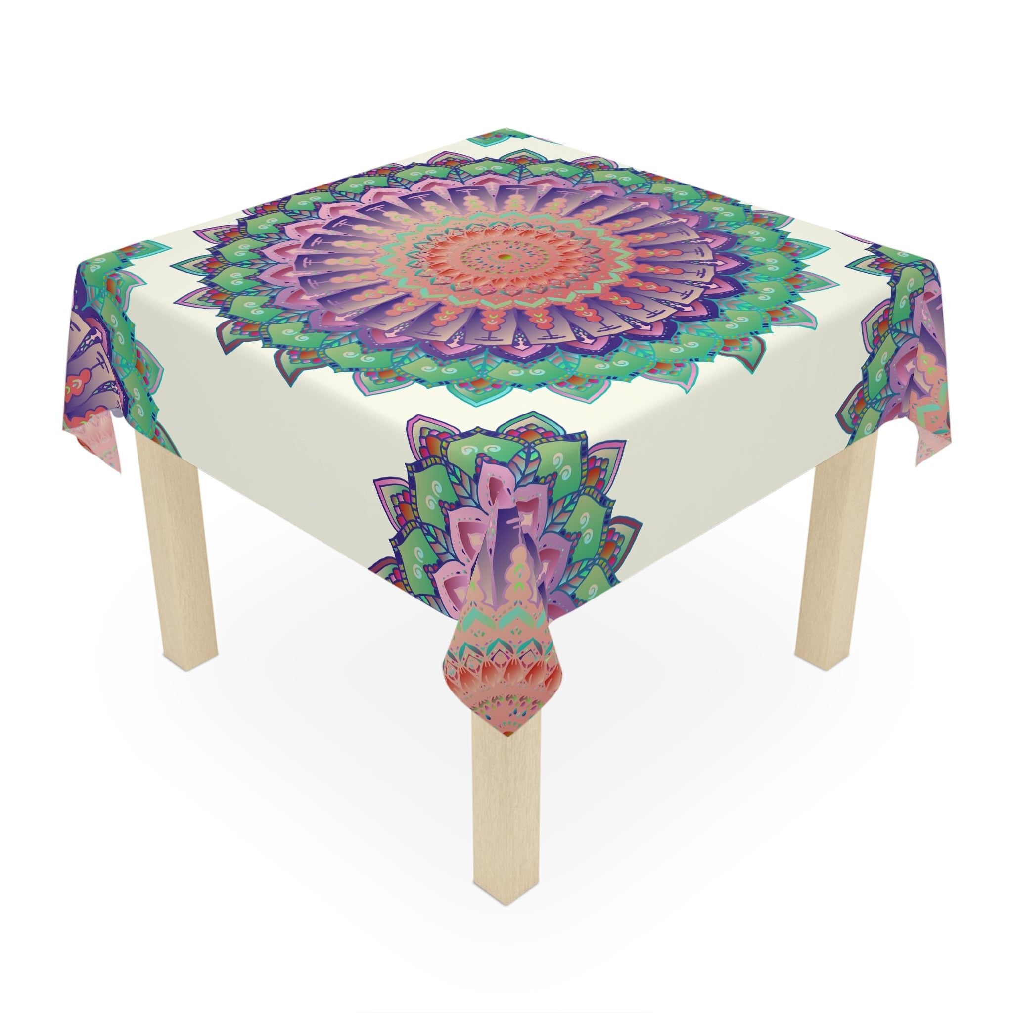 Vibrant Mandala Tablecloth - Ivory, Hand - Painted Style Home Decor - Blululi