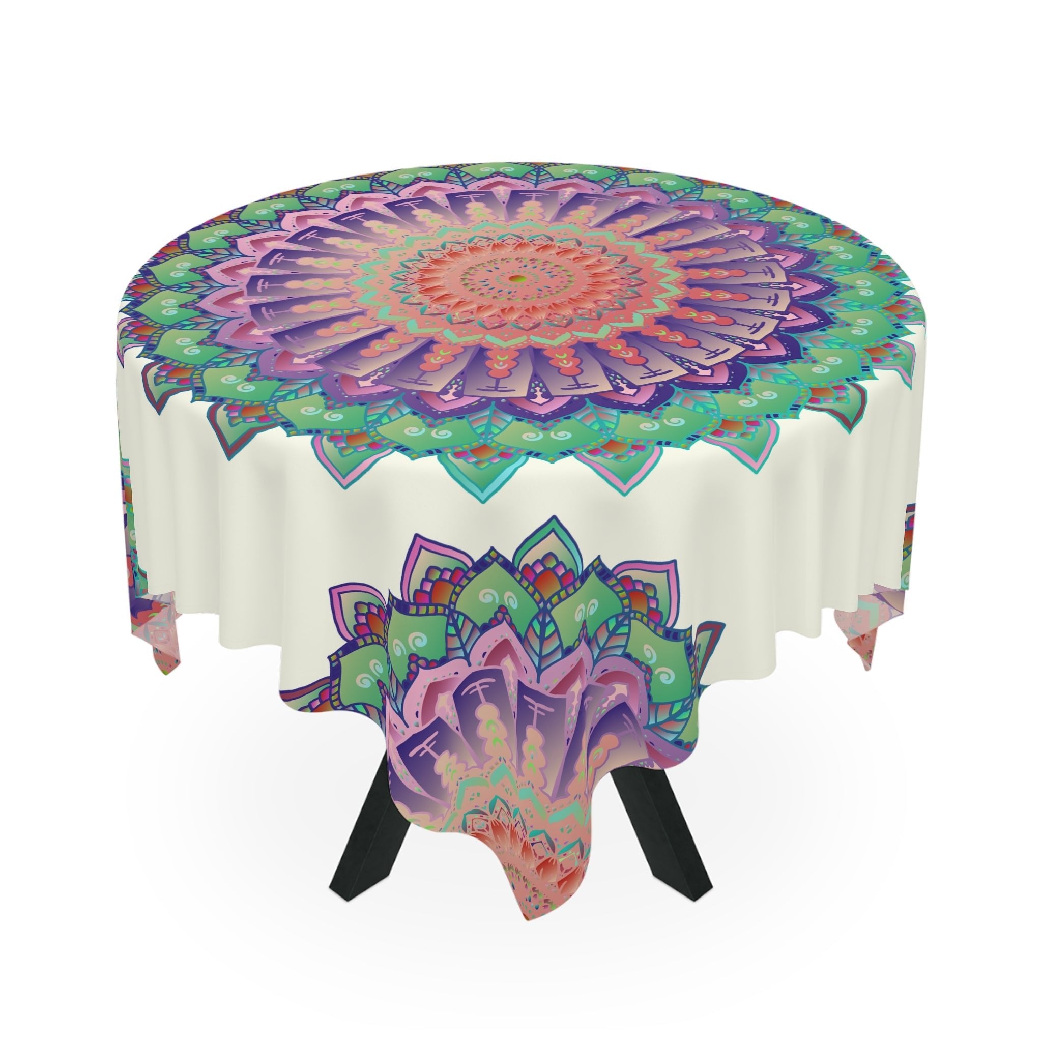 Vibrant Mandala Tablecloth - Ivory, Hand - Painted Style Home Decor - Blululi