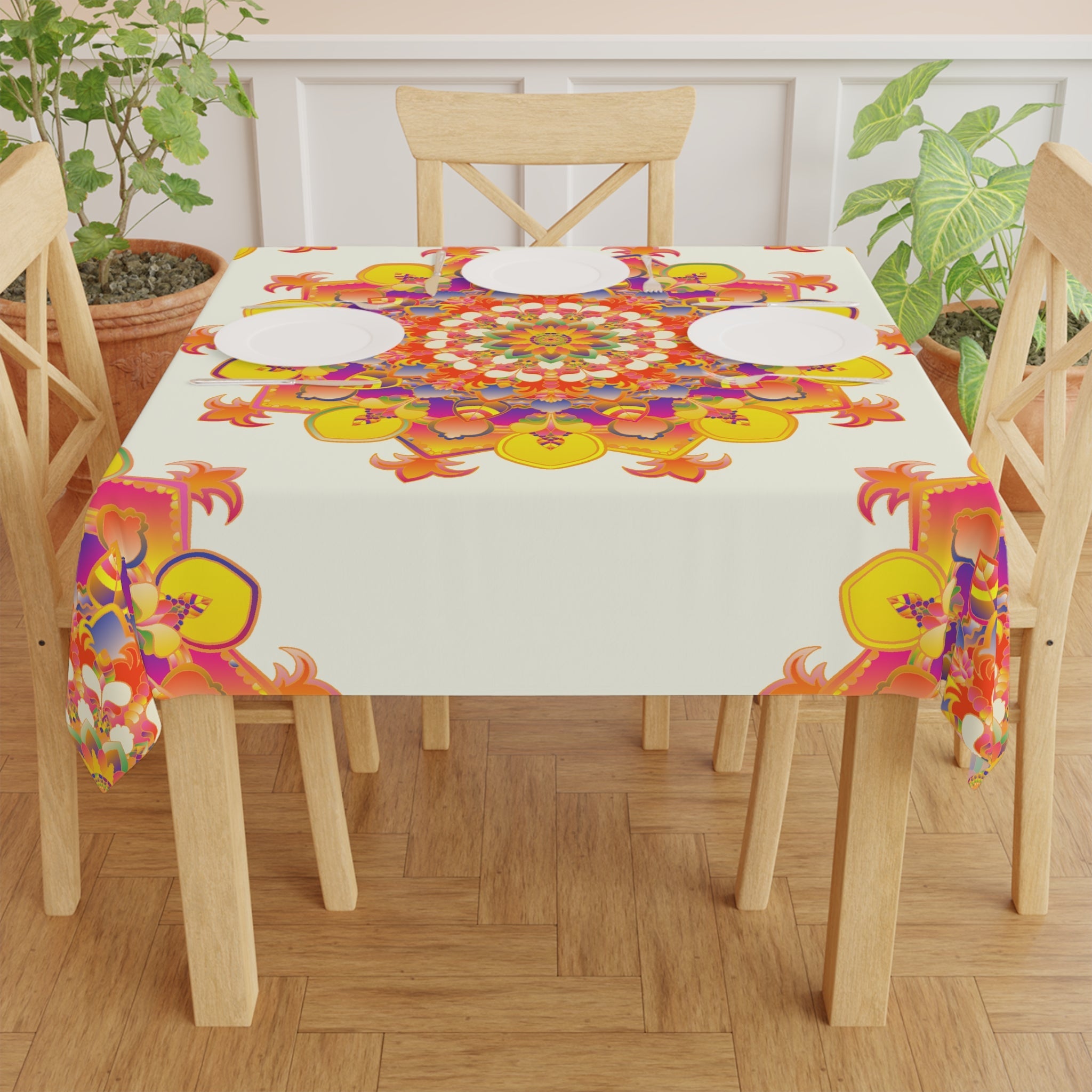 Vibrant Mandala Tablecloth, Ivory - Intricate Design Home Decor - Blululi