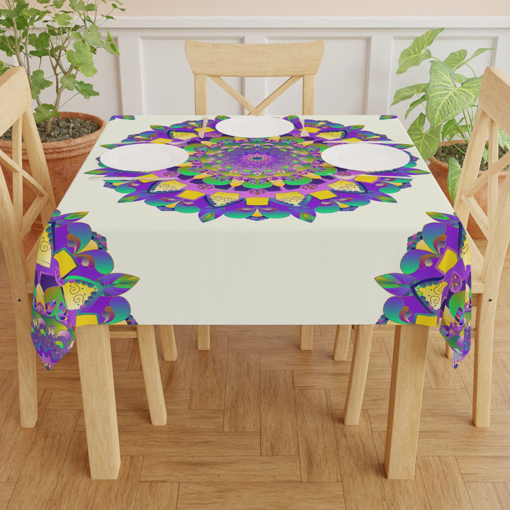 Vibrant Mandala Tablecloth - Ivory, Purple, Green & Yellow Home Decor - Blululi