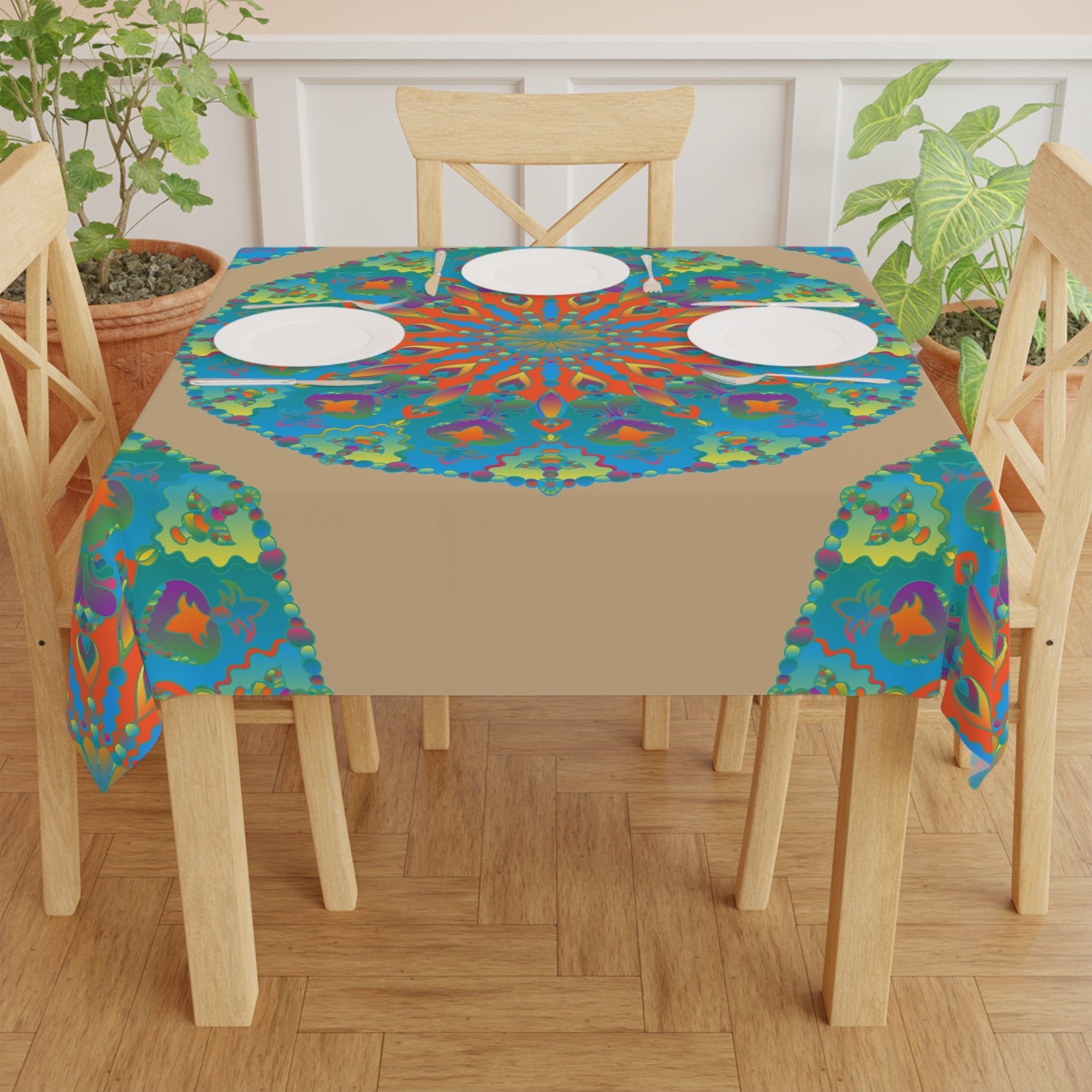 Vibrant Mandala Tablecloth - Sand, Boho Decor Home Decor - Blululi