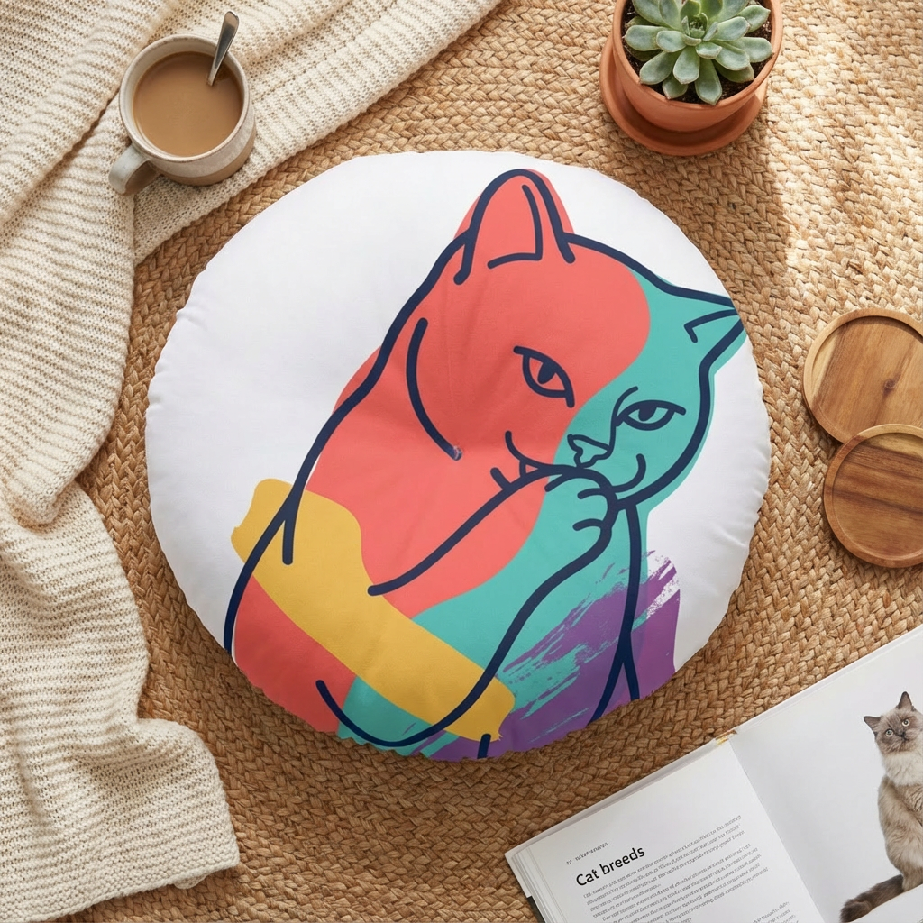 Round tufted cat floor pillow featuring sarcastic double-exposure line art in a simple cartoon style; color palette includes dark blue (#0B2340), pink (#FF6B6B), yellow (#FFD166), teal (#4ECDC4), purple (#7B2CBF); lifestyle setting on a sofa to convey cozy home decor, high-contrast lines emphasize attitude and depth.