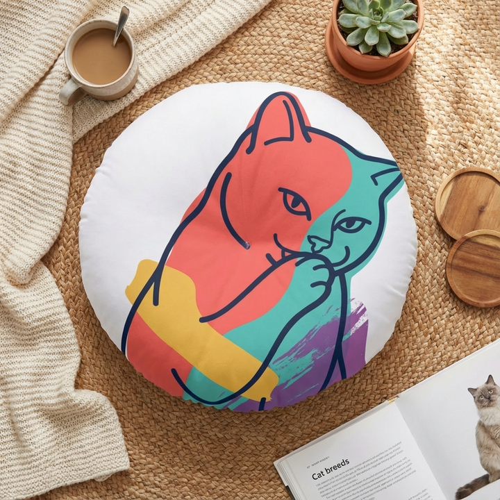 Round tufted cat floor pillow featuring sarcastic double-exposure line art in a simple cartoon style; color palette includes dark blue (#0B2340), pink (#FF6B6B), yellow (#FFD166), teal (#4ECDC4), purple (#7B2CBF); lifestyle setting on a sofa to convey cozy home decor, high-contrast lines emphasize attitude and depth.