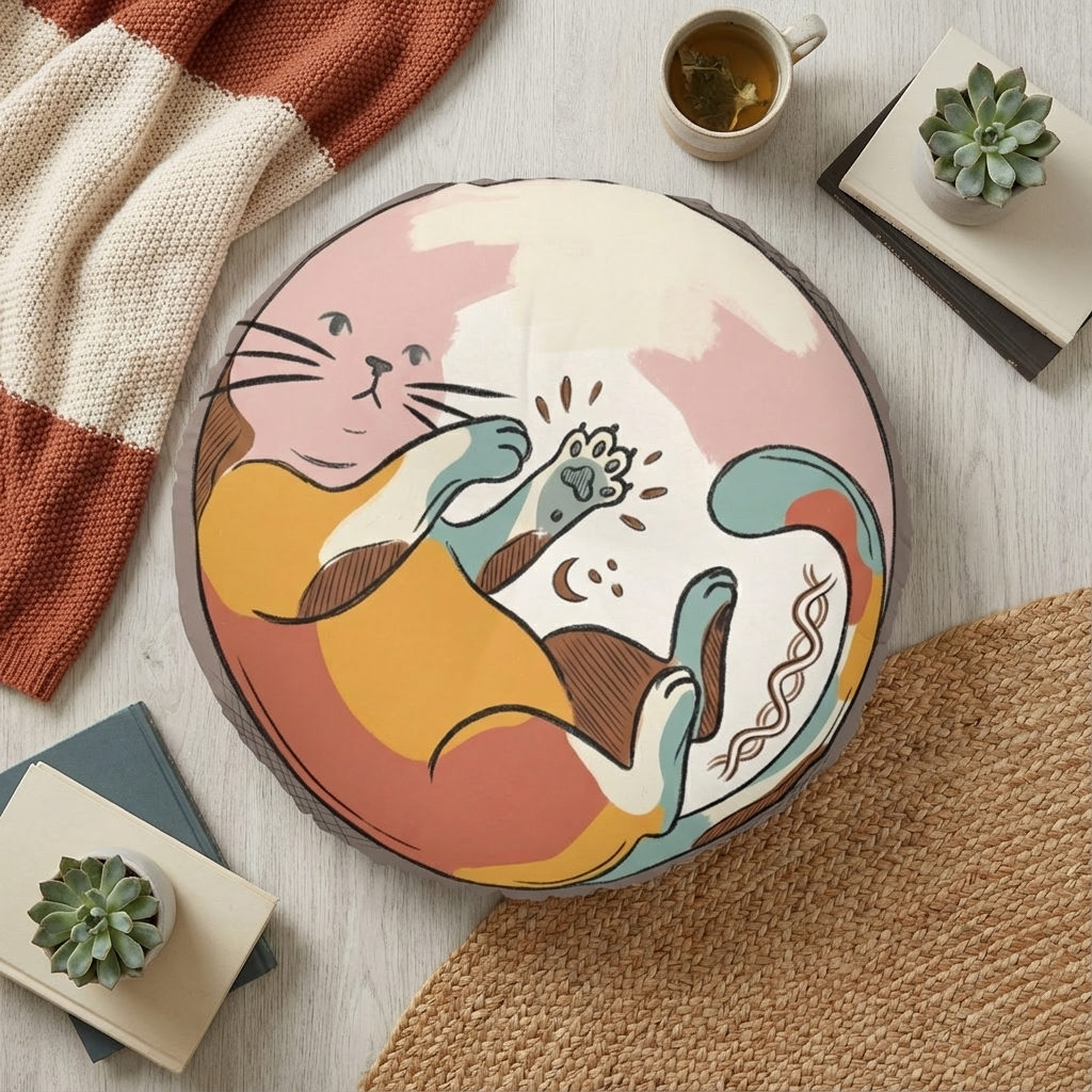 Orange-beige round floor pillow with tufted texture and playful boho cat line art; two-sided print in a cozy living room lifestyle setting