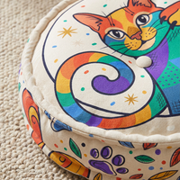 Close-up of a round Boho Sunrise Cat Floor Pillow in bright colors (pink #FF6B6B, yellow #FFD166, teal #06D6A0) with line-art cat design; lifestyle setting showcasing cozy home corner for New Year cozy cat — winter celebration (Jan 1, 2026).