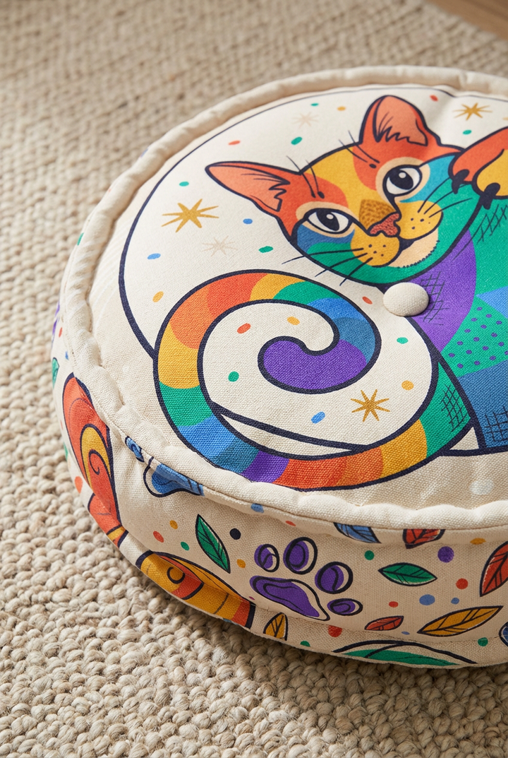 Close-up of a round Boho Sunrise Cat Floor Pillow in bright colors (pink #FF6B6B, yellow #FFD166, teal #06D6A0) with line-art cat design; lifestyle setting showcasing cozy home corner for New Year cozy cat — winter celebration (Jan 1, 2026).