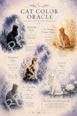 A decorative poster titled 'CAT COLOR ORACLE' with illustrated cats in different colorways and text blocks about color meanings, set against a soft pastel watercolor background.