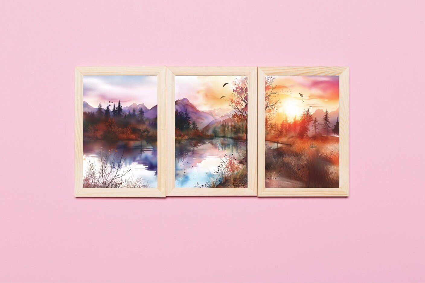 Watercolor Wall Art - Autumn Trilogy Scenery - A1 to A4 digital download - Blululi