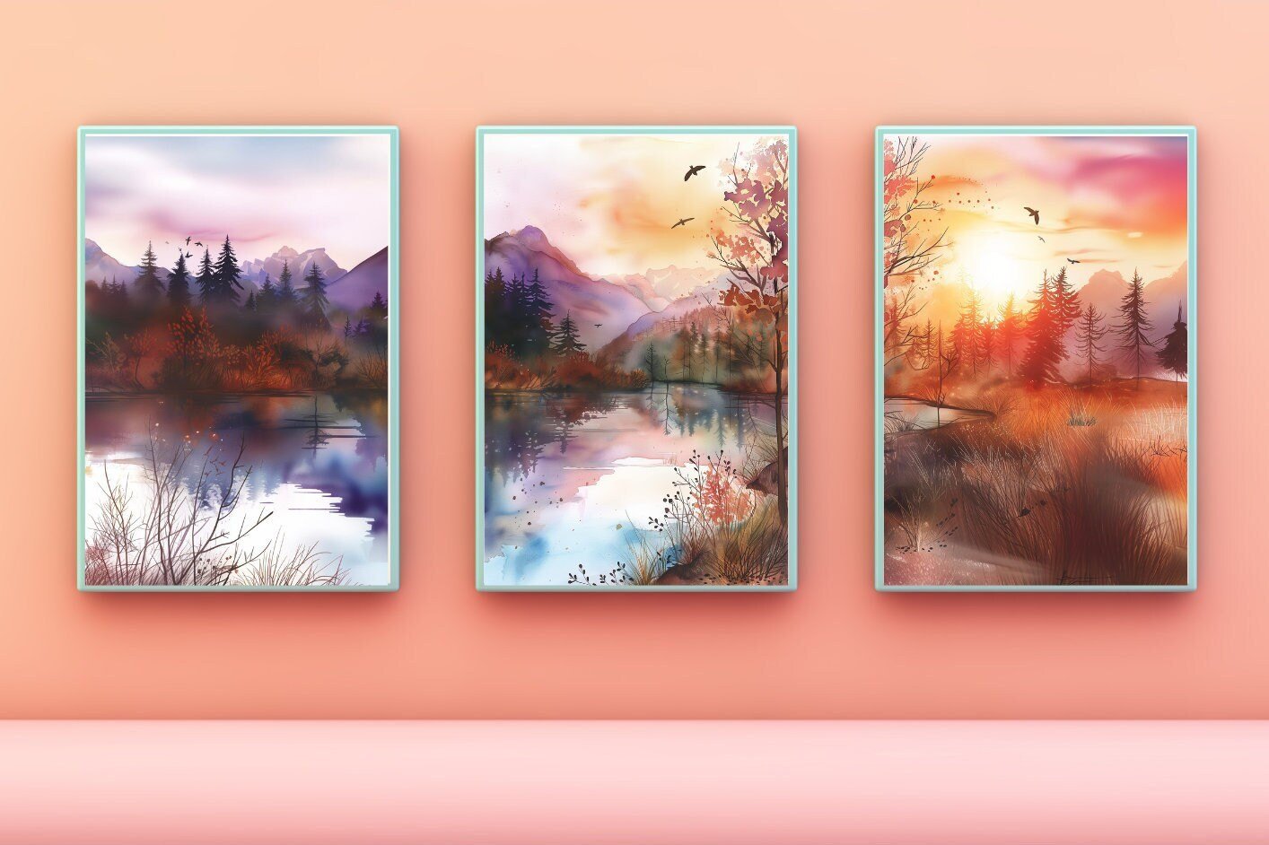 Watercolor Wall Art - Autumn Trilogy Scenery - A1 to A4 digital download - Blululi