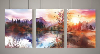 Watercolor Wall Art - Autumn Trilogy Scenery - A1 to A4 digital download - Blululi