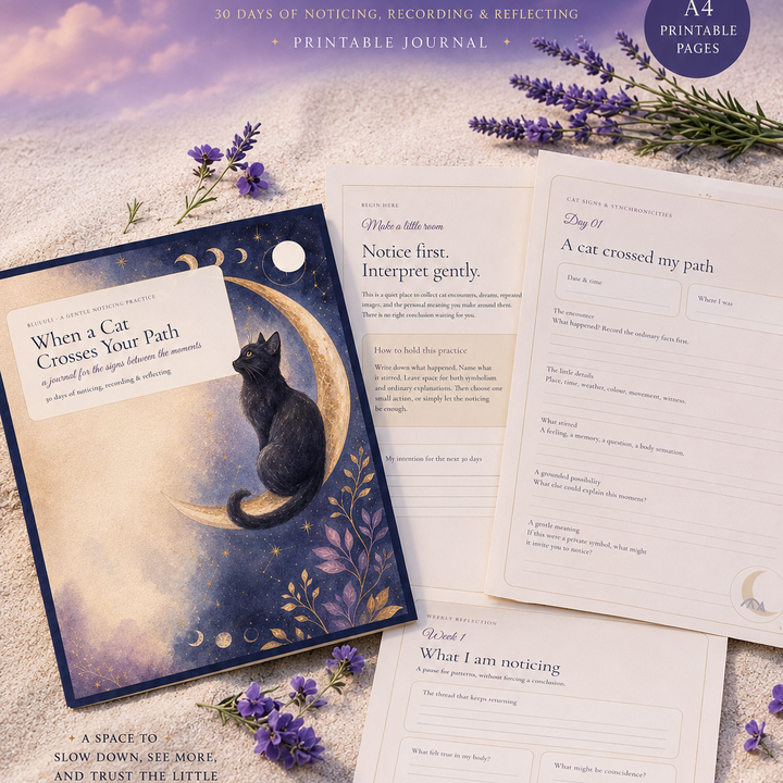 A styled flat-lay of a printable journal set titled 'When a Cat Crosses Your Path' with a purple sky cover, lavender sprigs, and several pages fanned out on a light textured surface. The cover shows a black cat sitting on a crescent moon, and the pages are cream-colored with printed journal prompts.