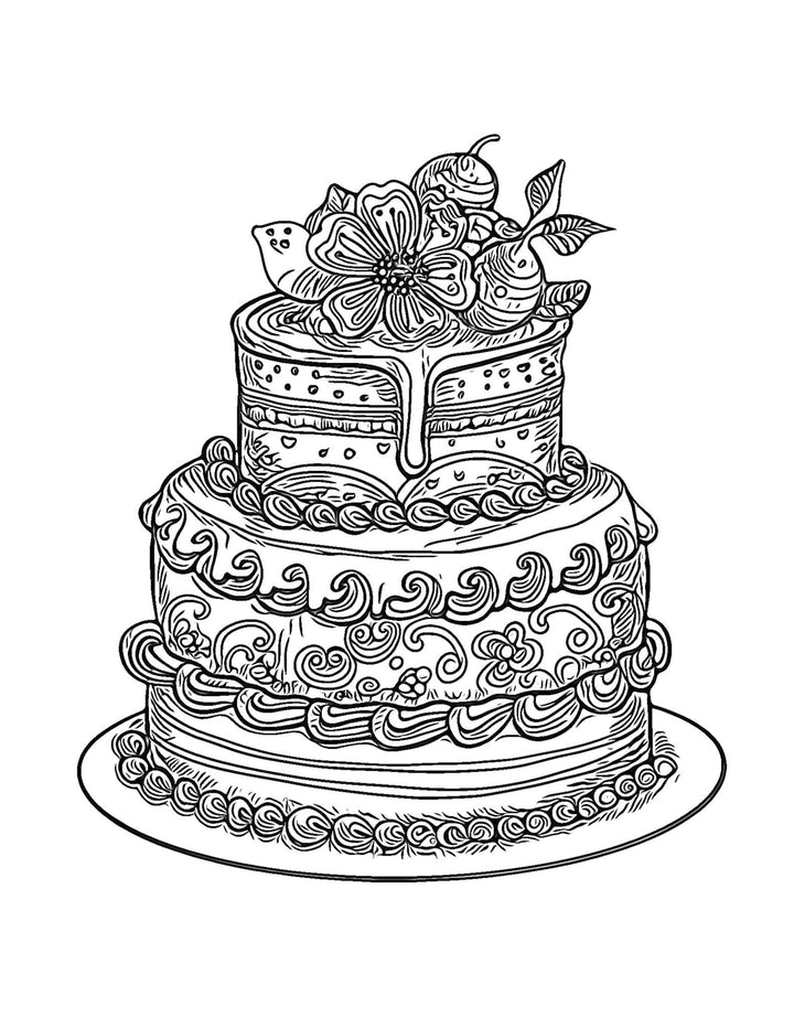 Whimsical Cakes Coloring Pages: Fun and Creative Designs for Relaxation and Inspiration - Printable PDF for Adults and Kids | Cookbook digital download - Blululi