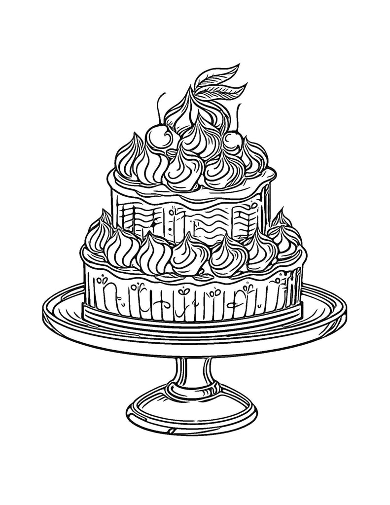 Whimsical Cakes Coloring Pages: Fun and Creative Designs for Relaxation and Inspiration - Printable PDF for Adults and Kids | Cookbook digital download - Blululi