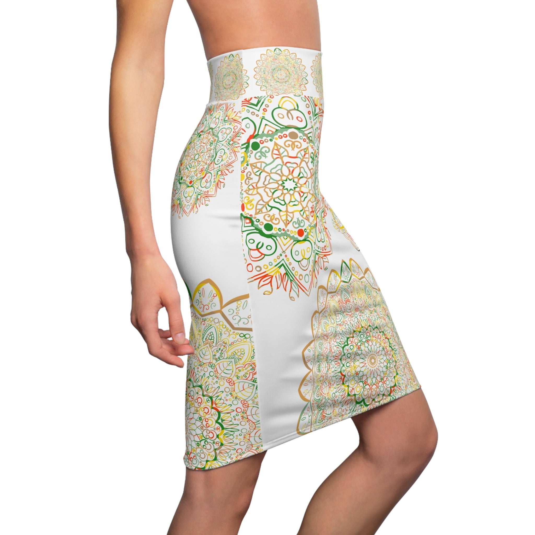 Women's Pencil Skirt with Hand - Drawn Mandala Design - Gold, Green & Red - Blululi All Over Prints - Blululi