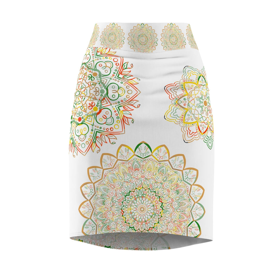 Women's Pencil Skirt with Hand - Drawn Mandala Design - Gold, Green & Red - Blululi All Over Prints - Blululi