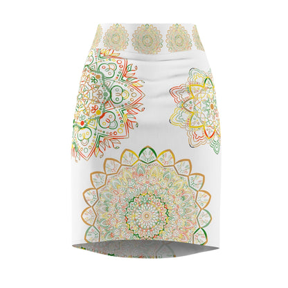 Women's Pencil Skirt with Hand - Drawn Mandala Design - Gold, Green & Red - Blululi All Over Prints - Blululi