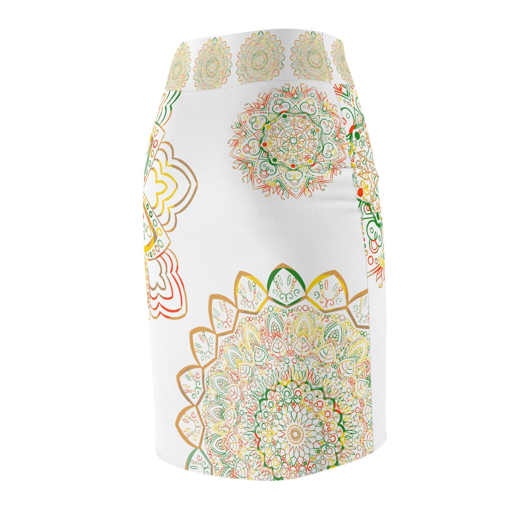 Women's Pencil Skirt with Hand - Drawn Mandala Design - Gold, Green & Red - Blululi All Over Prints - Blululi