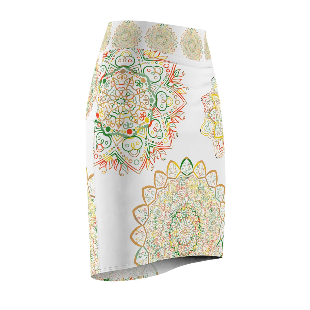 Women's Pencil Skirt with Hand - Drawn Mandala Design - Gold, Green & Red - Blululi All Over Prints - Blululi