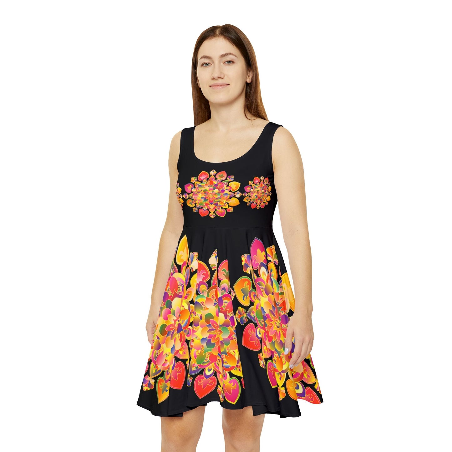 Women's Skater Dress – Hand - Drawn Mandala in Gold and Red on Black - Blululi All Over Prints - Blululi