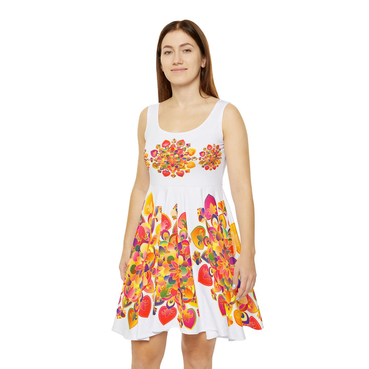 Women's Skater Dress – Hand - Drawn Mandala in Gold and Red on White - Blululi All Over Prints - Blululi