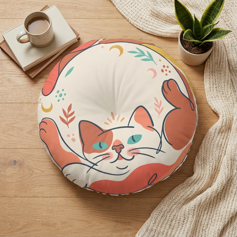 Cozy Boho Cat design in pink-red (#FF6B6B) with warm yellows and teals, shown as a round tufted floor pillow in a living room setting; lifestyle shot emphasizing comfort and companionship.