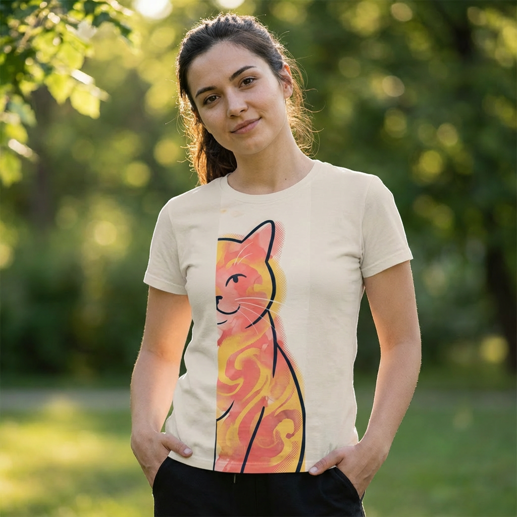 No-nonsense cat tee in deep navy featuring a double exposure sarcastic cat illustration; lifestyle studio shot with close-up of the fabric and graphic, showing the dark silhouette and colorful layered mood elements.