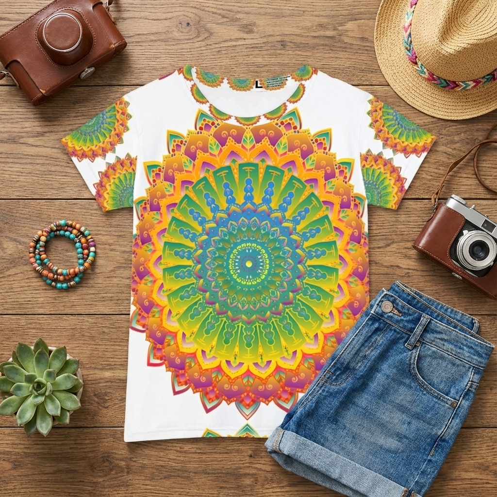 Lifestyle flatlay of a colorful mandala art t-shirt on a neutral surface, showing a tagless collar and the vibrant print
